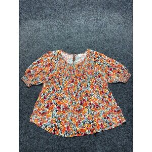 Terra & Sky Womens 2X Floral Smocked Babydoll Blouse Multicolor Puff Sleeve